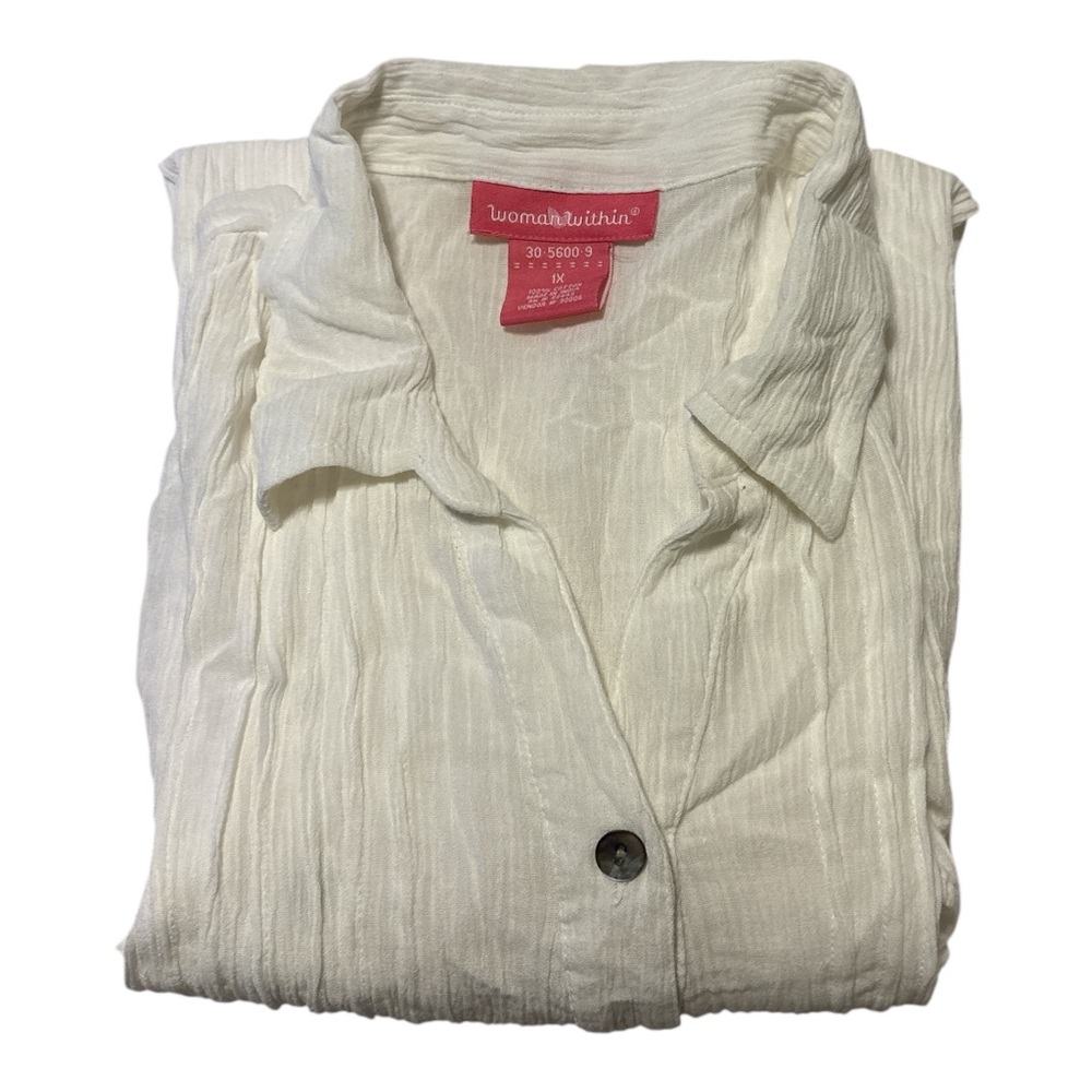 Woman Within Button Down Shirt Womens XL White Short Sleeve Blouse Cotton Casual